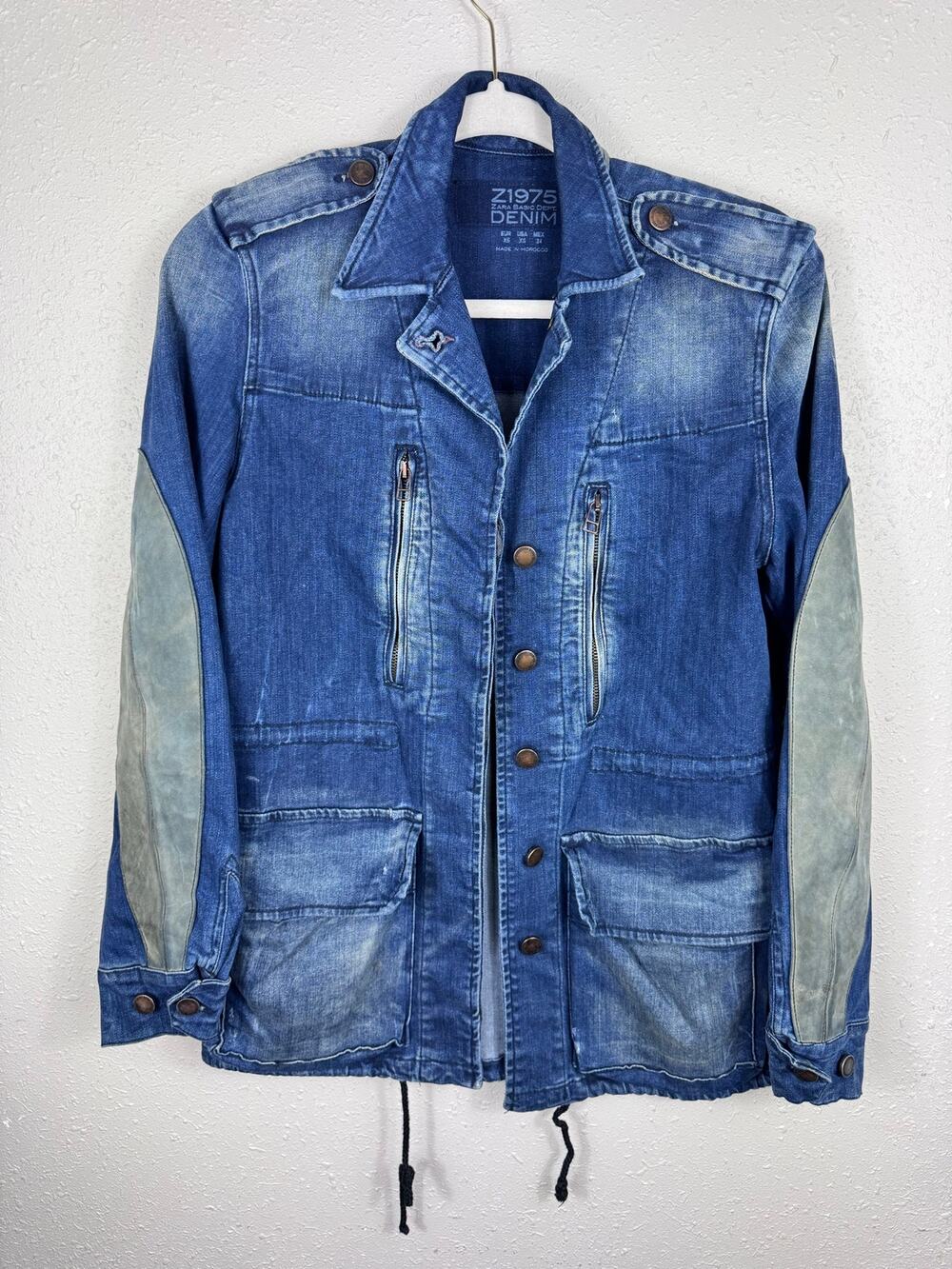 Zara Women’s Blue Distressed Denim Leather Elbow Patches Drawstring Jacket XS